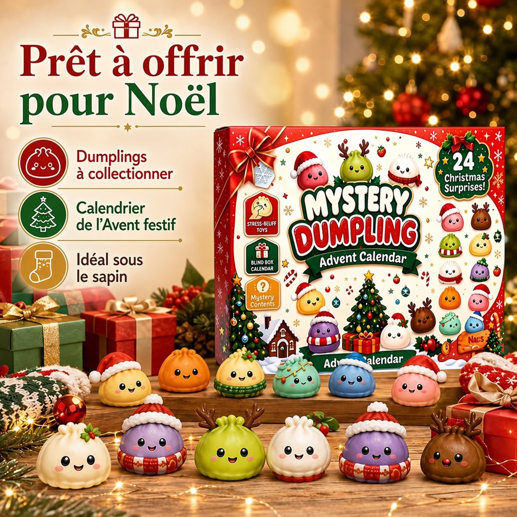 Collection de dumplings squishy devant le calendrier de l'Avent