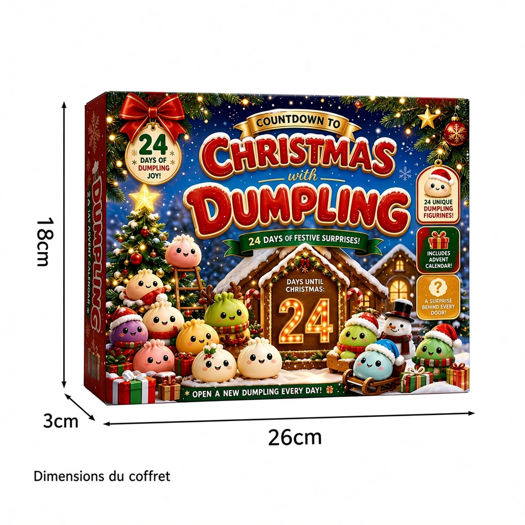 Dimensions du coffret calendrier de l'Avent dumpling : 26 × 18 × 3 cm